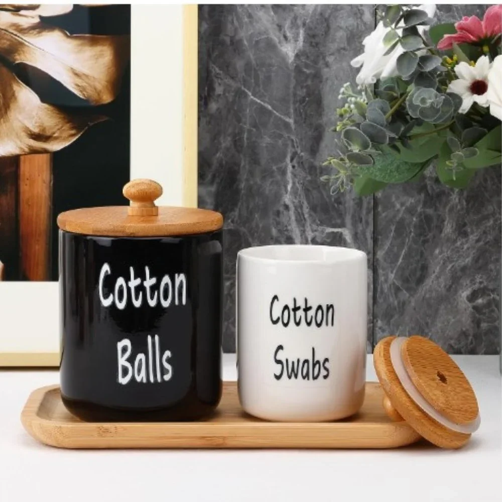 Set of 2 - Ceramic Bathroom Accessory Jars  (2 Sizes/ Black & White)